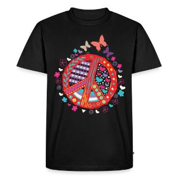 Signe de paix Papillon Cœurs Fleurs Amour - T-shirt Premium bio Homme - noir - Devant - Nico (187cm)