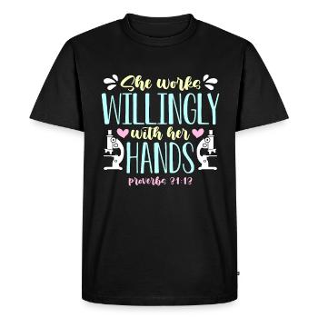 Technicienne de laboratoire, elle travaille volontiers en sciences médicales - T-shirt Premium bio Homme - noir - Devant - Nico (187cm)