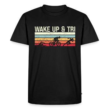 Triathlètes Triathlon Wake Up & Tri Retro Training - T-shirt Premium bio Homme - noir - Devant - Nico (187cm)