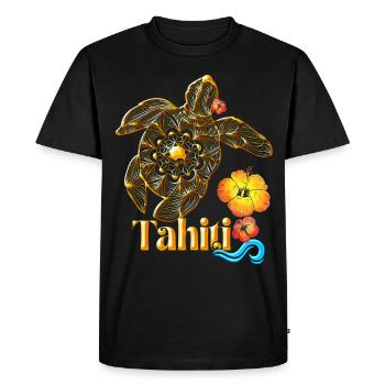 Tahiti Tortue Tribale Fleurs Hibisicus Troicale - T-shirt Premium bio Homme - noir - Devant - Nico (187cm)