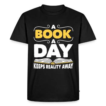 La lecture d’un livre par jour éloigne la réalité Littérature - T-shirt Premium bio Homme - noir - Devant - Nico (187cm)