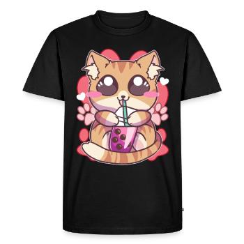 Chaton buvant du thé Boba Kawaii Anime - T-shirt Premium bio Homme - noir - Devant - Nico (187cm)