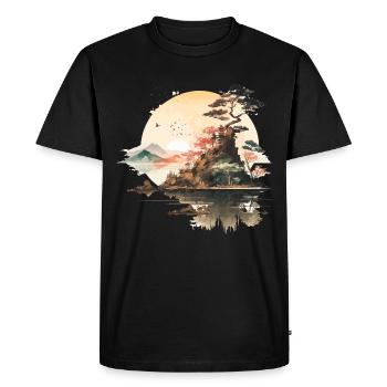 Coucher de soleil japonais - Illustration à l’aquarelle - T-shirt Premium bio Homme - noir - Devant - Nico (187cm)