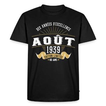 83 Ans Anniversaire Vintage Né(e) en Août 1939 - T-shirt Premium bio Homme - noir - Devant - Nico (187cm)