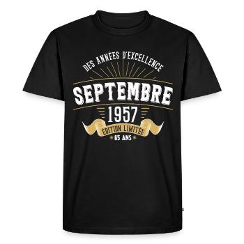 65 Ans Anniversaire Vintage Né(e) Septembre 1957 - T-shirt Premium bio Homme - noir - Devant - Nico (187cm)