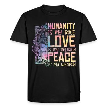 Religion Humanity Love Peace Cool - Men's Premium Organic T-Shirt - black - Front - Nico (187cm)