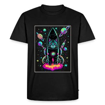 Cat Space Astronaut Space Neon Rockets - T-shirt Premium bio Homme - noir - Devant - Nico (187cm)
