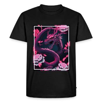 Dragon Japon Cerisier Fleur Montagnes Neon Rétro Fable - T-shirt Premium bio Homme - noir - Devant - Nico (187cm)