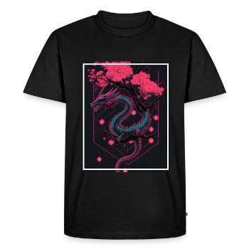 Dragon Japon Cerisier Fleur Montagnes Neon Rétro Fable - T-shirt Premium bio Homme - noir - Devant - Nico (187cm)