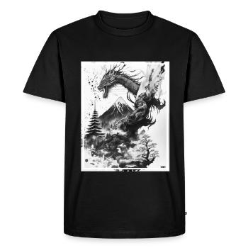 Dragon Japon Cerisier Fleur Montagnes Neon Rétro Fable - T-shirt Premium bio Homme - noir - Devant - Nico (187cm)