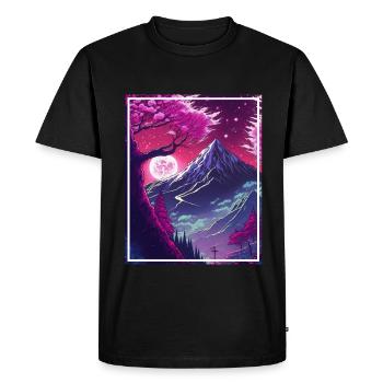 Fantaisie Japon Cerisier Fleur Montagnes Neon Fable Rétro - T-shirt Premium bio Homme - noir - Devant - Nico (187cm)