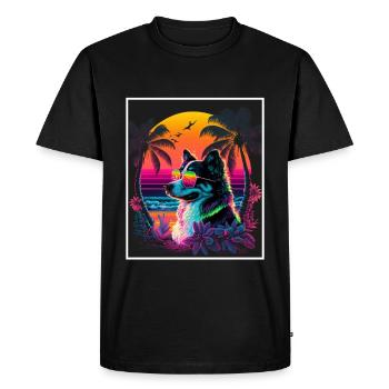 Vaporwave Retro Dog Spitz Animal Motif Beach Neon - Men's Premium Organic T-Shirt - black - Front - Nico (187cm)