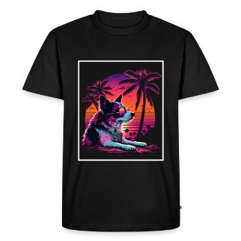 Vaporwave Retro Dog Spitz Animal Motif Beach Neon - Men's Premium Organic T-Shirt - black - Front - Nico (187cm)