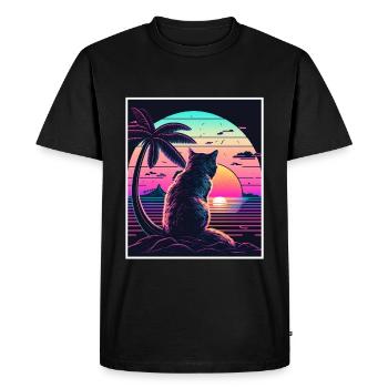 Vaporwave Retro Cat Cat Animal Motif Beach Neon - Men's Premium Organic T-Shirt - black - Front - Nico (187cm)