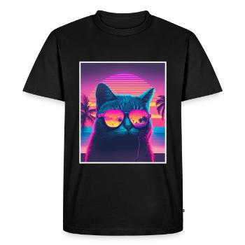 Vaporwave Retro Cat Cat Animal Motif Beach Neon - Men's Premium Organic T-Shirt - black - Front - Nico (187cm)