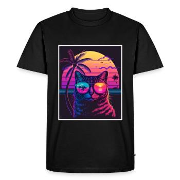 Vaporwave Retro Cat Cat Animal Motif Beach Neon - Men's Premium Organic T-Shirt - black - Front - Nico (187cm)