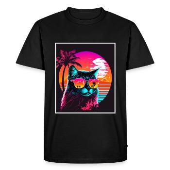 Vaporwave Retro Cat Cat Animal Motif Beach Neon - Men's Premium Organic T-Shirt - black - Front - Nico (187cm)