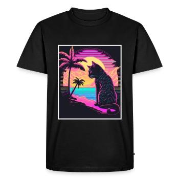 Vaporwave Retro Cat Cat Animal Motif Beach Neon - Men's Premium Organic T-Shirt - black - Front - Nico (187cm)
