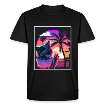 Vaporwave Retro Cat Cat Animal Motif Beach Neon - Men's Premium Organic T-Shirt - black - Front - Nico (187cm)