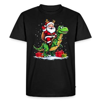 Lustiger Weihnachtsmann auf Dino mit Lichterkette - Männer Premium Bio T-Shirt - Schwarz - Vorne - Nico (187cm)