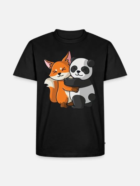 Söt räv och pandabjörn som kramar roliga strider - Ekologisk premium-T-shirt herr - svart