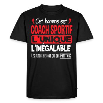 Coach sportif homme viril. Cadeau sport unique - T-shirt Premium bio Homme - noir - Devant - Nico (187cm)