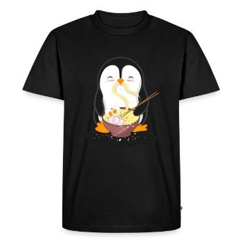 Penguin eats ramen noodle soup - Men's Premium Organic T-Shirt - black - Front - Nico (187cm)