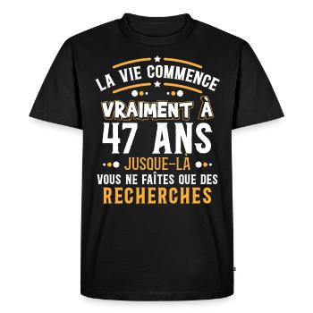 Anniversaire 47 ans, idée cadeau date de naissance - T-shirt Premium bio Homme - noir - Devant - Nico (187cm)