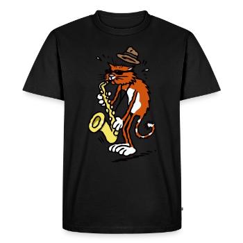 Cat plays saxophone music band cats gift - Men's Premium Organic T-Shirt - black - Front - Nico (187cm)