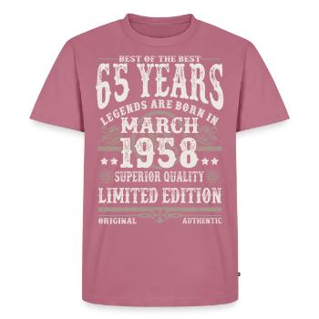 Born in March 1958 - 65 years old - Men's Premium Organic T-Shirt - mauve - Front - Nico (187cm)