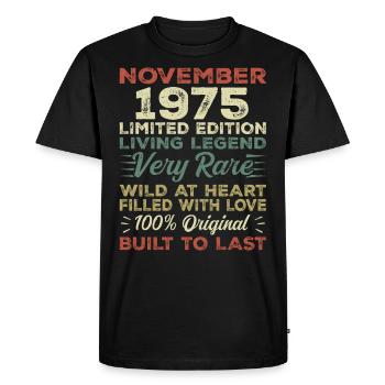 Légende Depuis Novembre 1975 Millésime Novembre 1975 - T-shirt Premium bio Homme - noir - Devant - Nico (187cm)