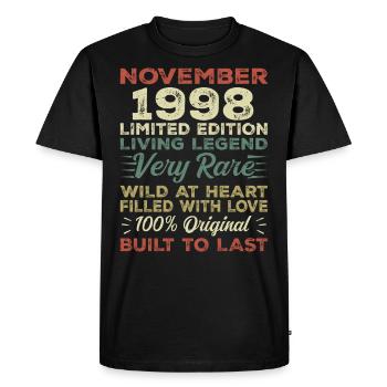 Légende Depuis Novembre 1998 Millésime Novembre 1998 - T-shirt Premium bio Homme - noir - Devant - Nico (187cm)