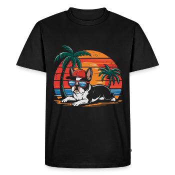 Cool Bostie Boston Terrier Under Palm Trees - Men's Premium Organic T-Shirt - black - Front - Nico (187cm)