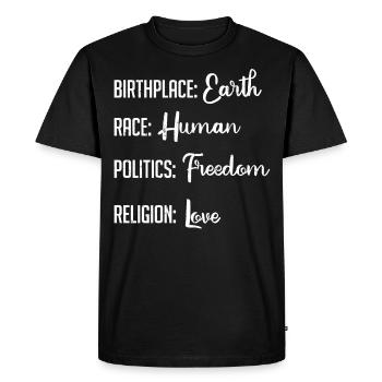 Lieu de naissance Terre, Race Religion politique humaine - T-shirt Premium bio Homme - noir - Devant - Nico (187cm)