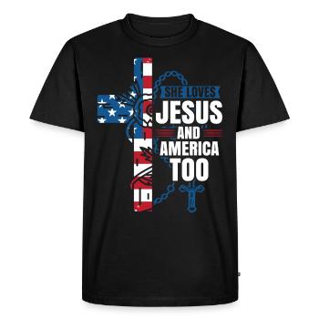 She also loves Jesus and America - Men's Premium Organic T-Shirt - black - Front - Nico (187cm)