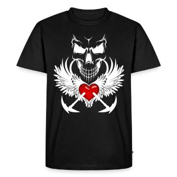 Crâne, ailes d’ange, cœur et faux en blanc - T-shirt Premium bio Homme - noir - Devant - Nico (187cm)
