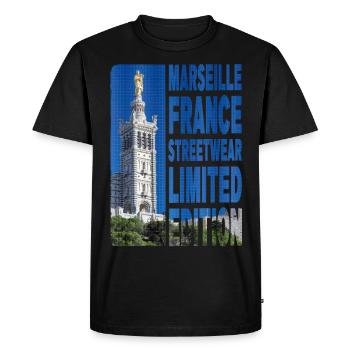 Marseille France Ville Skyline Accueil Amour - T-shirt Premium bio Homme - noir - Devant - Nico (187cm)