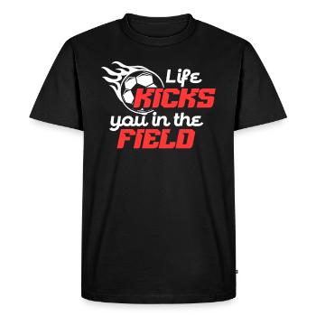 LIFE KICKS YOU IN THE FIELD - Men's Premium Organic T-Shirt - black - Front - Nico (187cm)