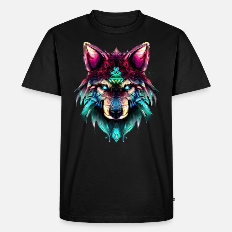 Mystischer Wolf Synthwave Wolfskopf - Männer Premium Bio T-Shirt - Schwarz