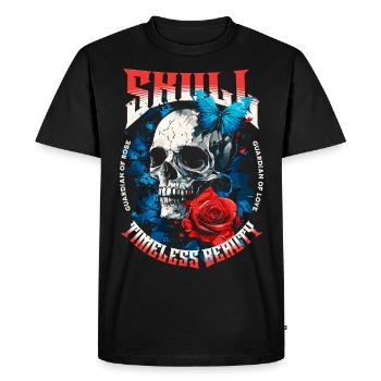 Crâne, Crâne, Papillon, Rose, Fleur - T-shirt Premium bio Homme - noir - Devant - Nico (187cm)