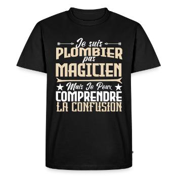 Plomberie | Plombier pas magicien - T-shirt Premium bio Homme - noir - Devant - Nico (187cm)