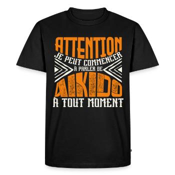Avertissement, Aïkido à tout moment, Aikido. - T-shirt Premium bio Homme - noir - Devant - Nico (187cm)