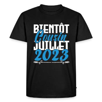 Annonce grossesse bientôt Cousin Juillet 2023. - T-shirt Premium bio Homme - noir - Devant - Nico (187cm)