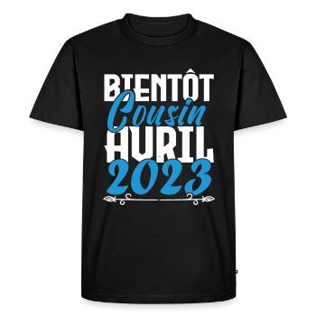 Annonce grossesse. bientôt Cousin Avril 2023. - T-shirt Premium bio Homme - noir - Devant - Nico (187cm)