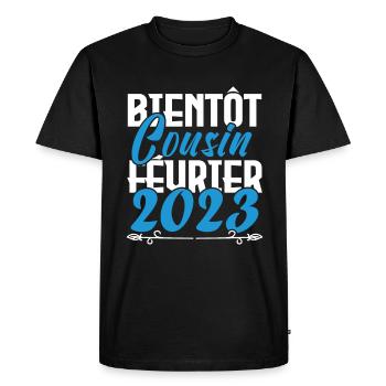 Annonce grossesse bientôt Cousin Février 2023. - T-shirt Premium bio Homme - noir - Devant - Nico (187cm)