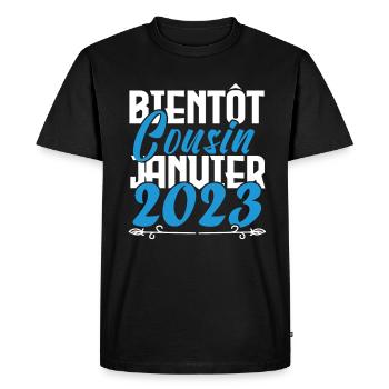 Annonce grossesse. bientôt Cousin janvier 2023. - T-shirt Premium bio Homme - noir - Devant - Nico (187cm)