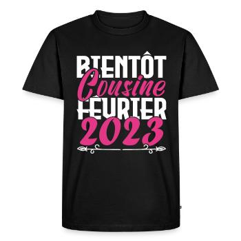 Annonce grossesse. bientôt Cousine février 2023. - T-shirt Premium bio Homme - noir - Devant - Nico (187cm)