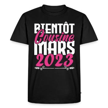 Annonce grossesse. bientôt Cousine Mars 2023. - T-shirt Premium bio Homme - noir - Devant - Nico (187cm)
