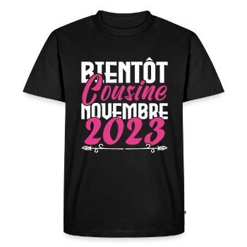 Annonce grossesse. bientôt Cousine Novembre 2023. - T-shirt Premium bio Homme - noir - Devant - Nico (187cm)