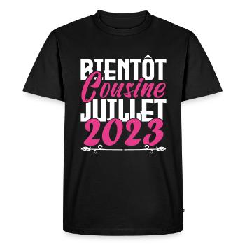 Annonce grossesse. bientôt Cousine Juillet 2023. - T-shirt Premium bio Homme - noir - Devant - Nico (187cm)